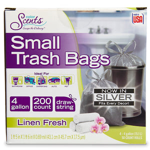 Small Trash Bags, 4 Gallon, 200 Bags (Drawstring, Linen Fresh Scent)