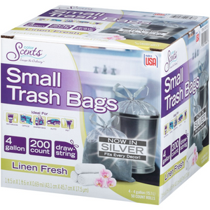Small Trash Bags, 4 Gallon, 200 Bags (Drawstring, Linen Fresh Scent)