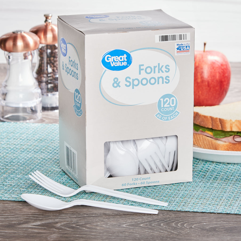 Everyday White Cutlery Forks & Spoons, 120 Count
