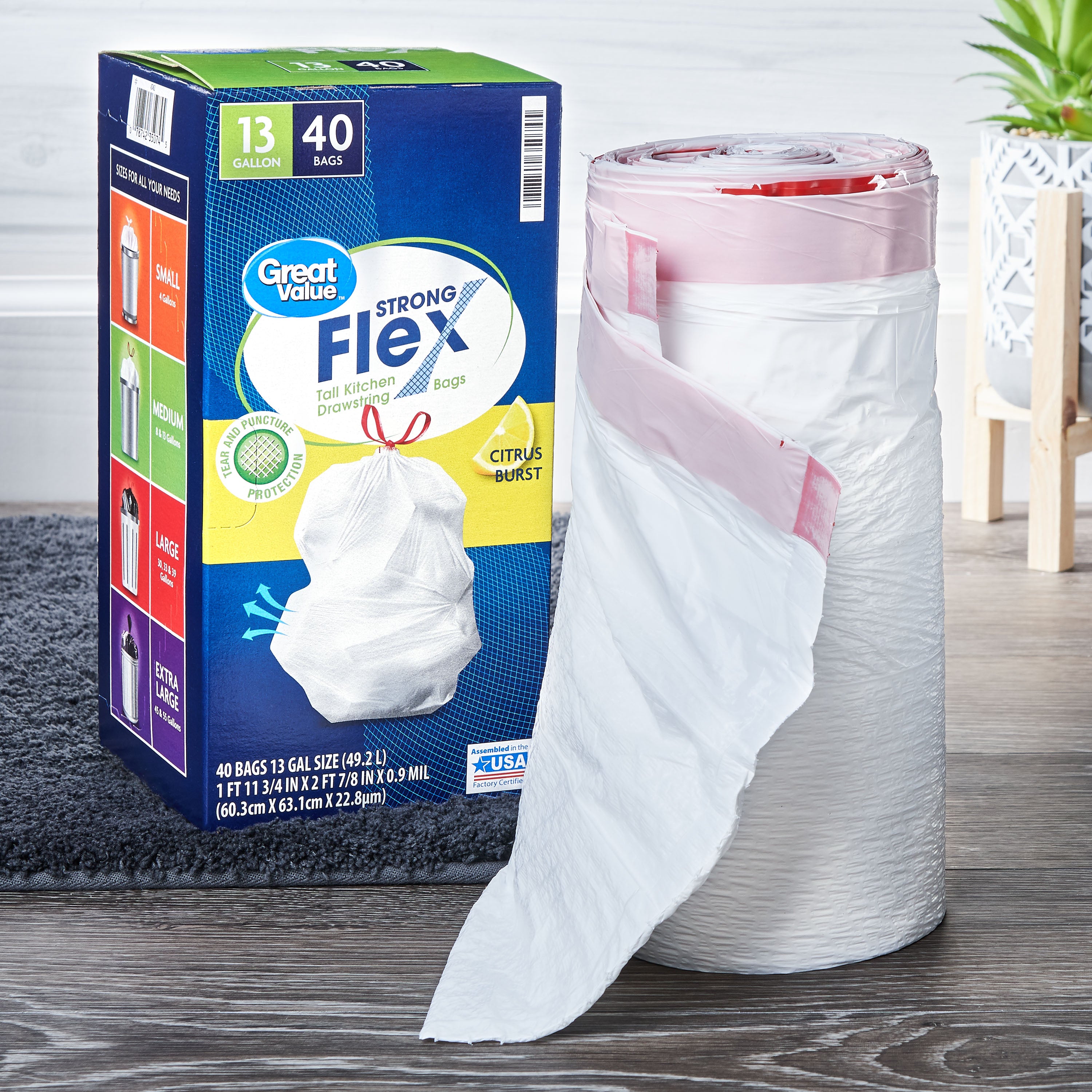 Strong Flex Tall Kitchen Drawstring Bags, 13 gallon, Citrus Burst, 40 Count