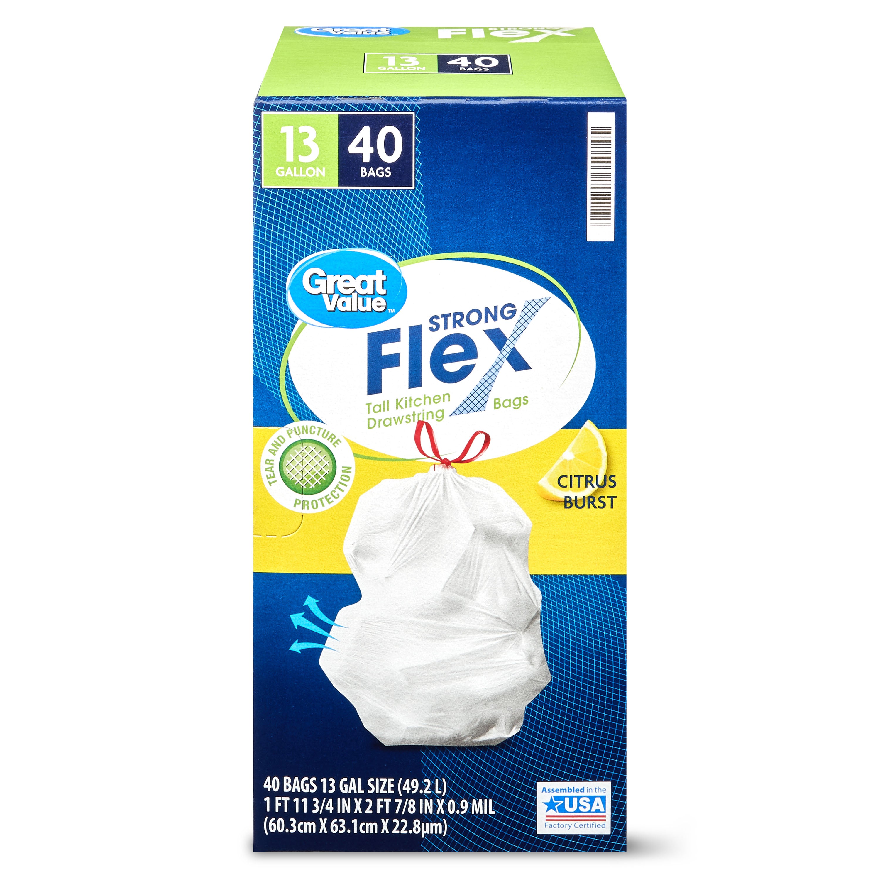 Strong Flex Tall Kitchen Drawstring Bags, 13 gallon, Citrus Burst, 40 Count